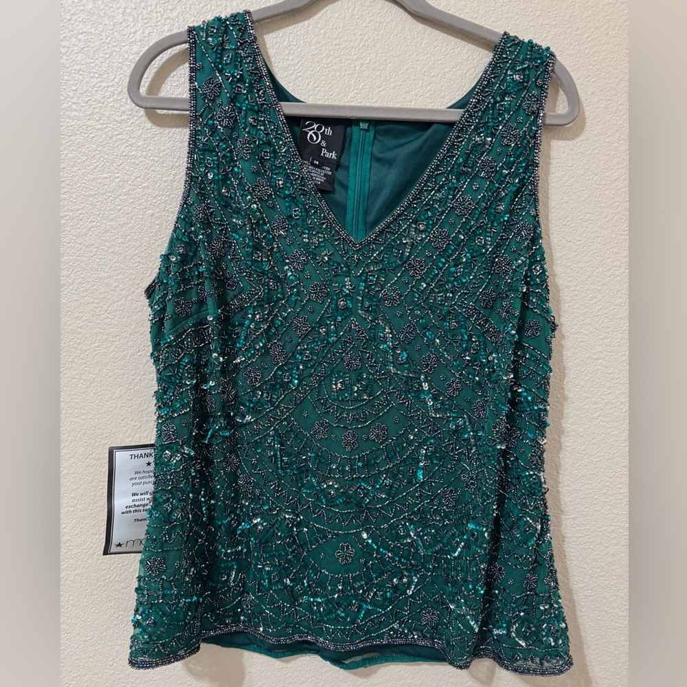 NWT 28th & Park Emerald Green Beaded Sequin Top Size 14